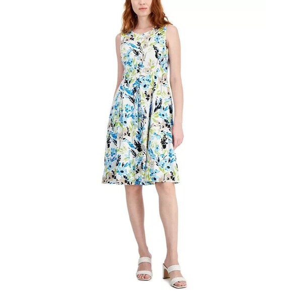 Kasper Women's Linen-Blend Printed Sleeveless Flared-Skirt Dress White Multi 16 - Picture 5 of 14